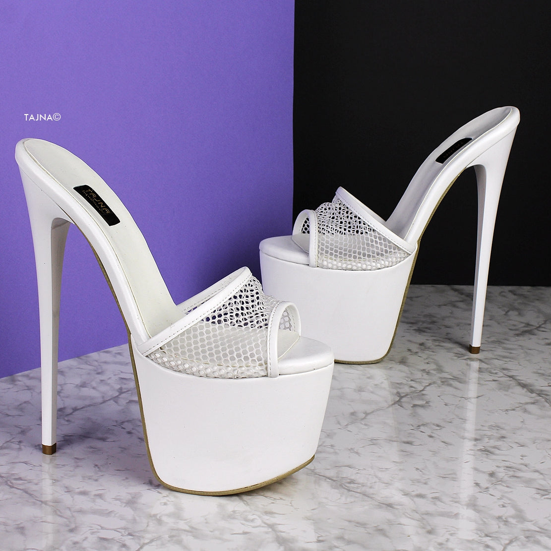 White Fishnet High Heel Mules - Tajna Club