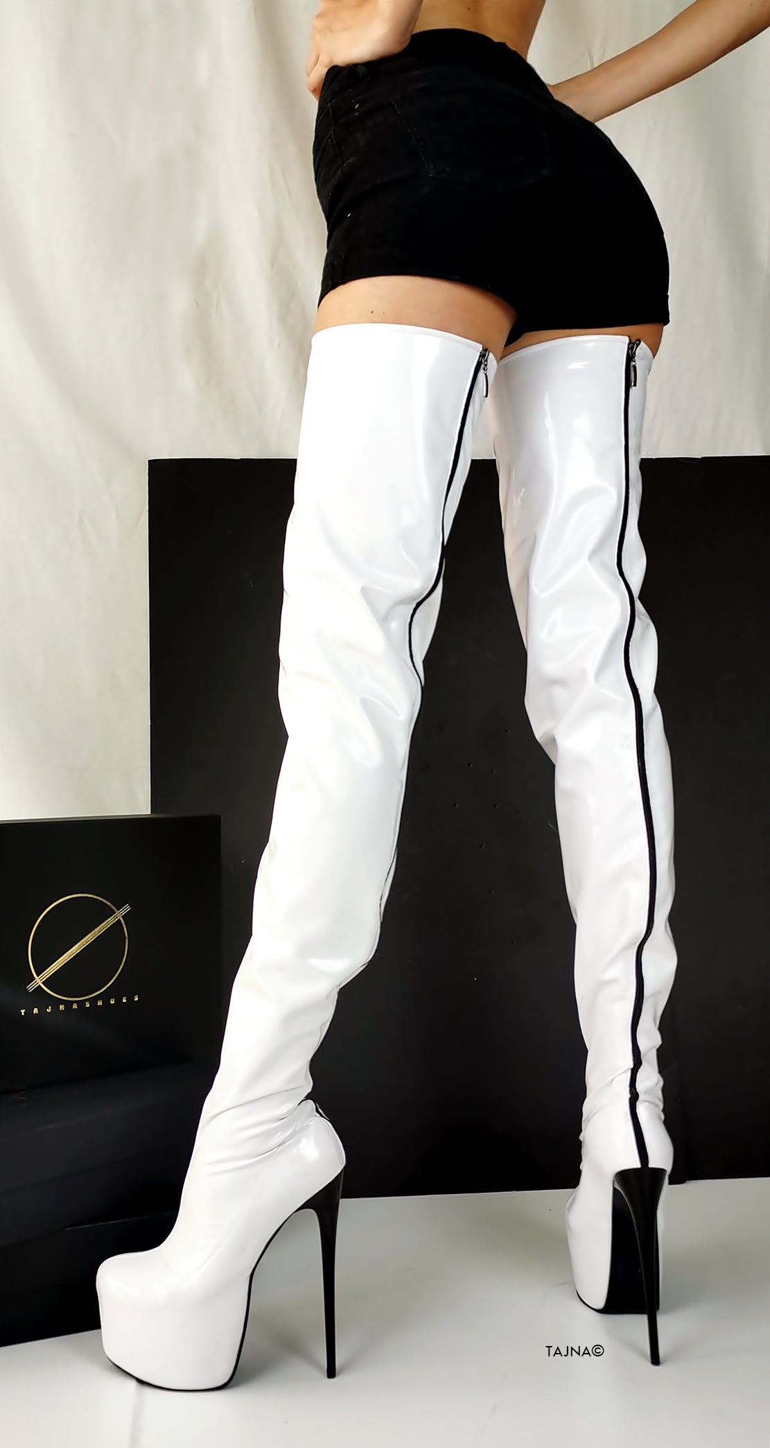 Back Zipper White Gloss Thigh High Boots - Tajna Club