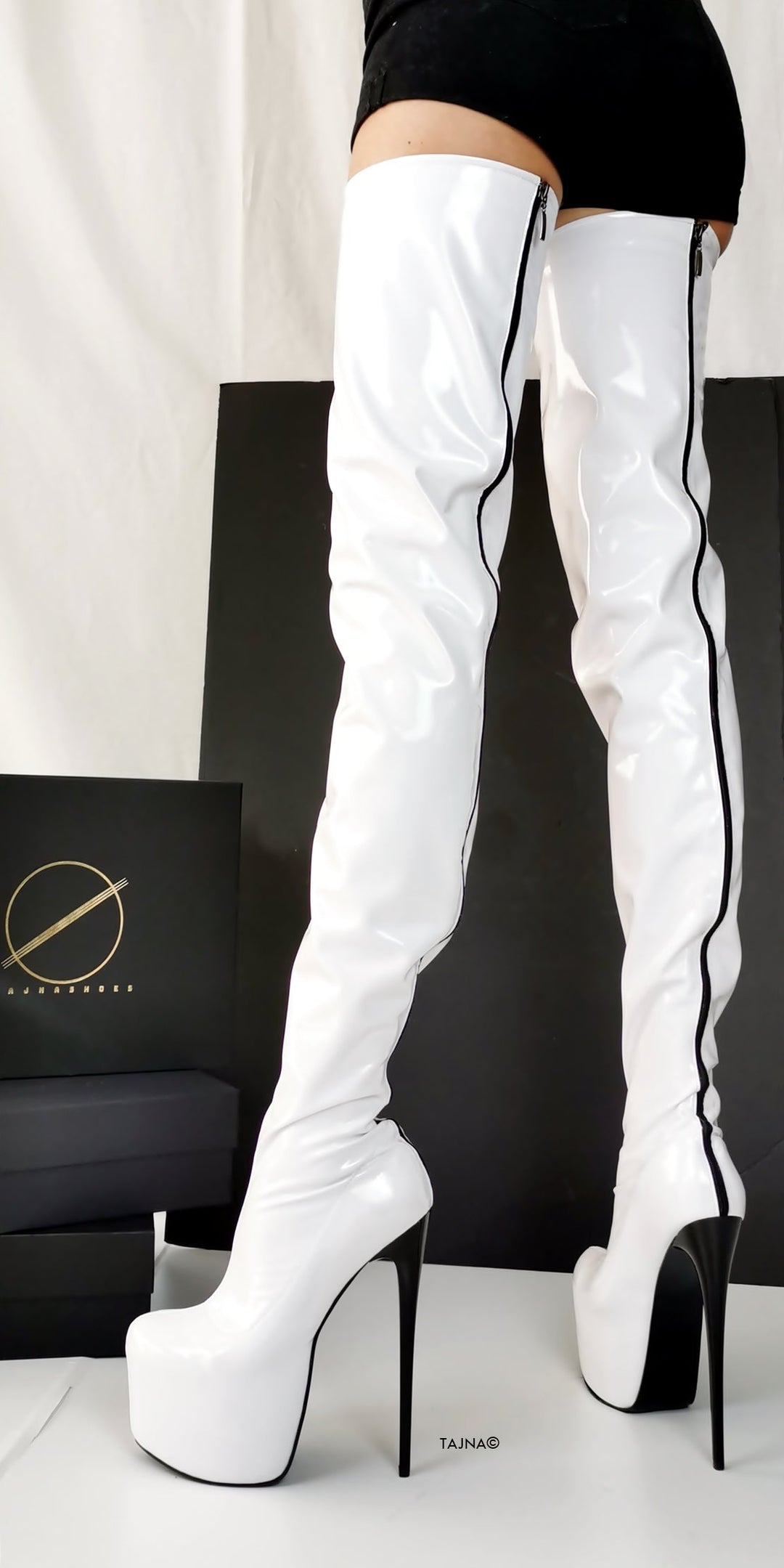 Back Zipper White Gloss Thigh High Boots - Tajna Club