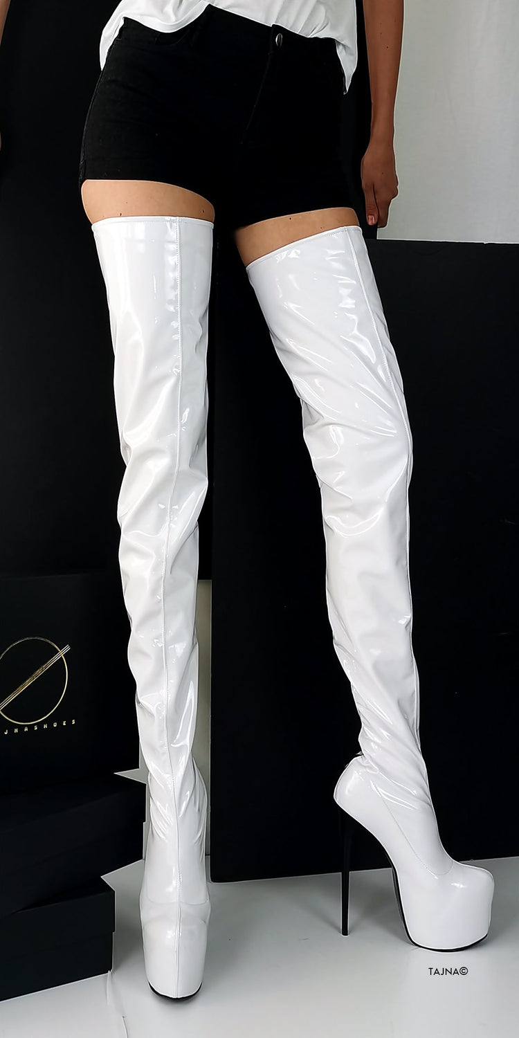 Back Zipper White Gloss Thigh High Boots - Tajna Club