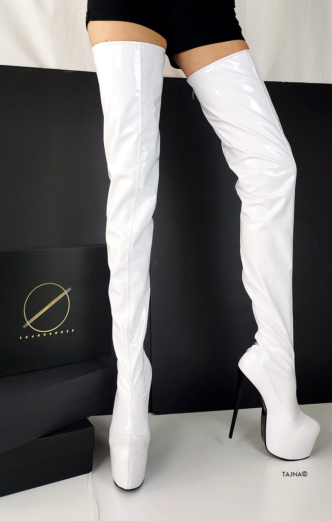 Back Zipper White Gloss Thigh High Boots - Tajna Club