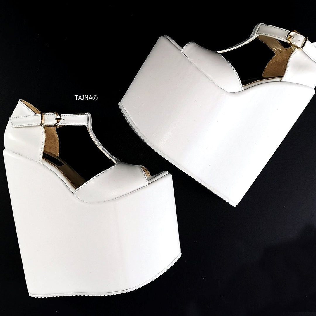 White T Strap Platform Wedge Shoes - Tajna Club