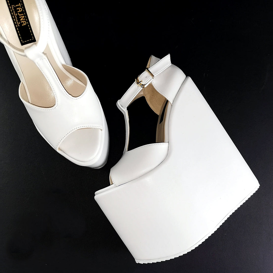 White T Strap Platform Wedge Shoes - Tajna Club