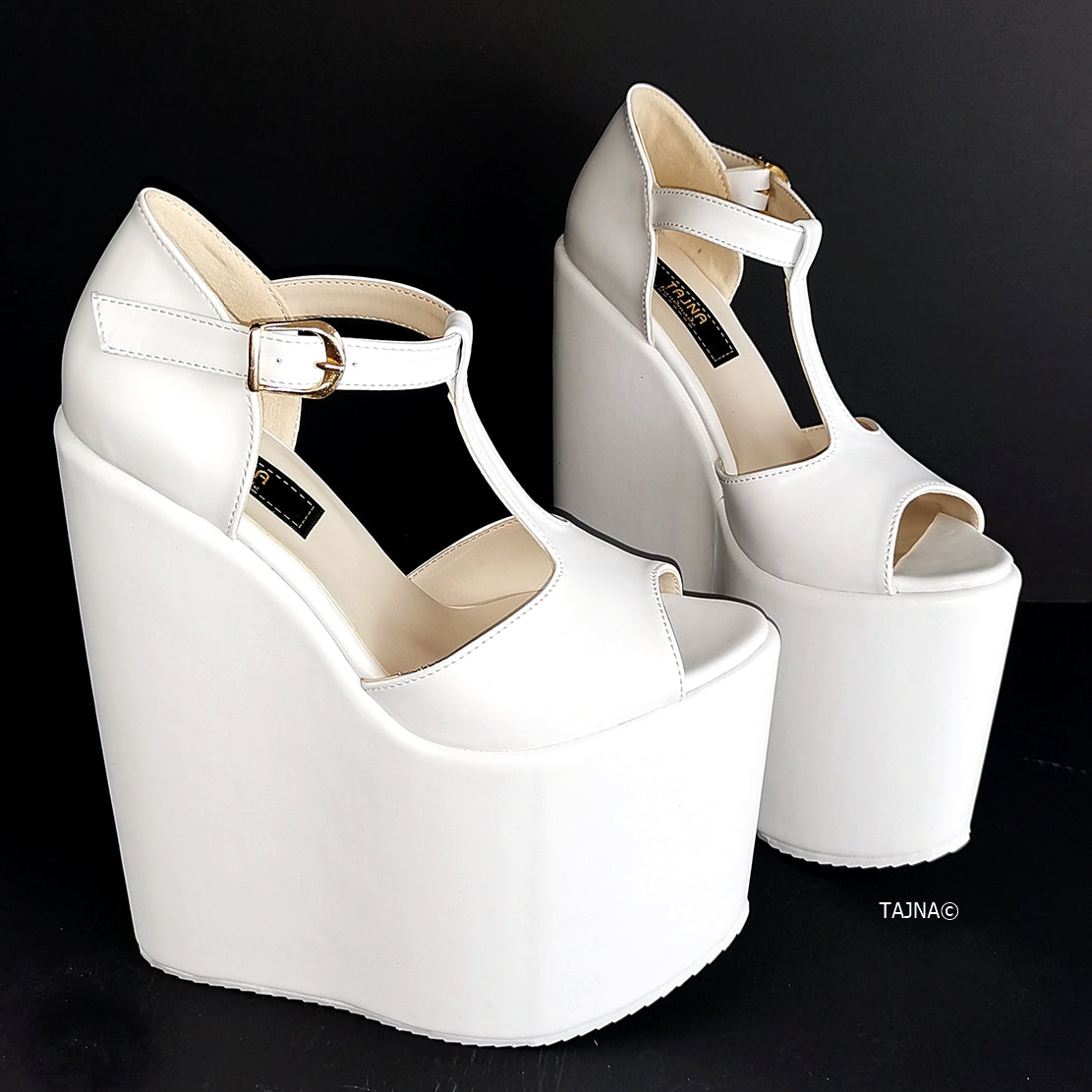 White T Strap Platform Wedge Shoes - Tajna Club