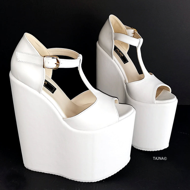 White T Strap Platform Wedge Shoes - Tajna Club