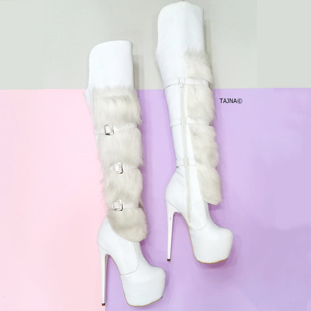 White Fur Detail Belted Platform Boots - Tajna Club
