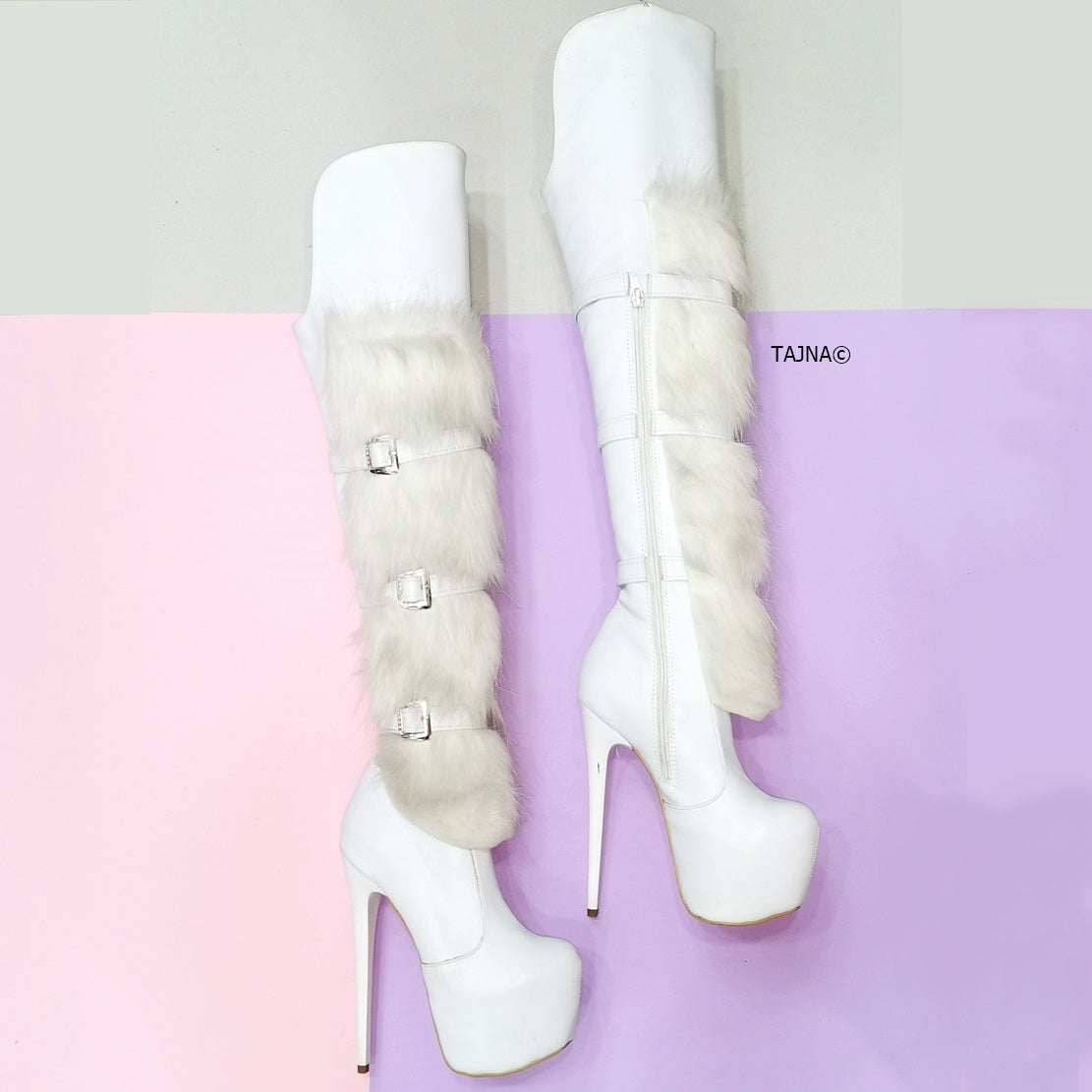 White Fur Detail Belted Platform Boots - Tajna Club