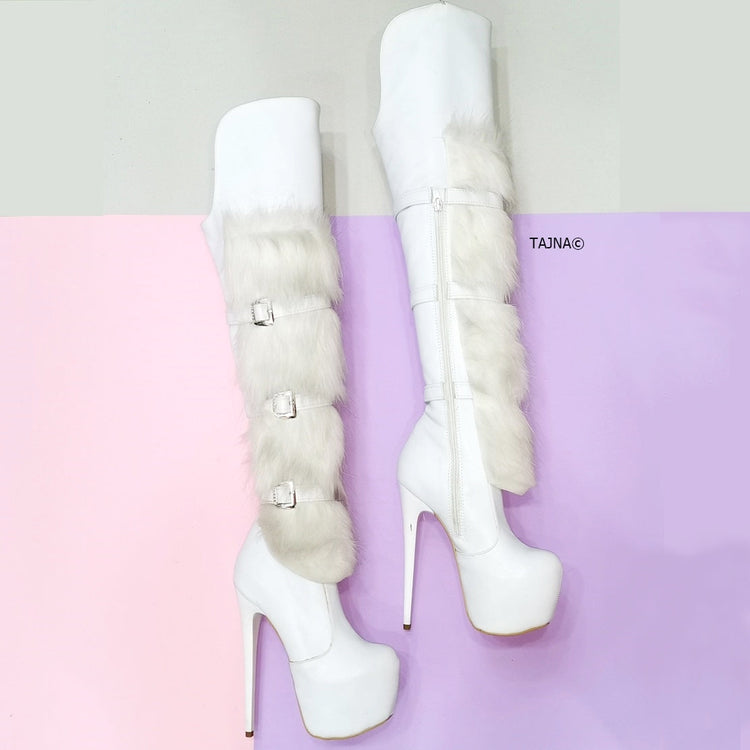 White Fur Detail Belted Platform Boots - Tajna Club