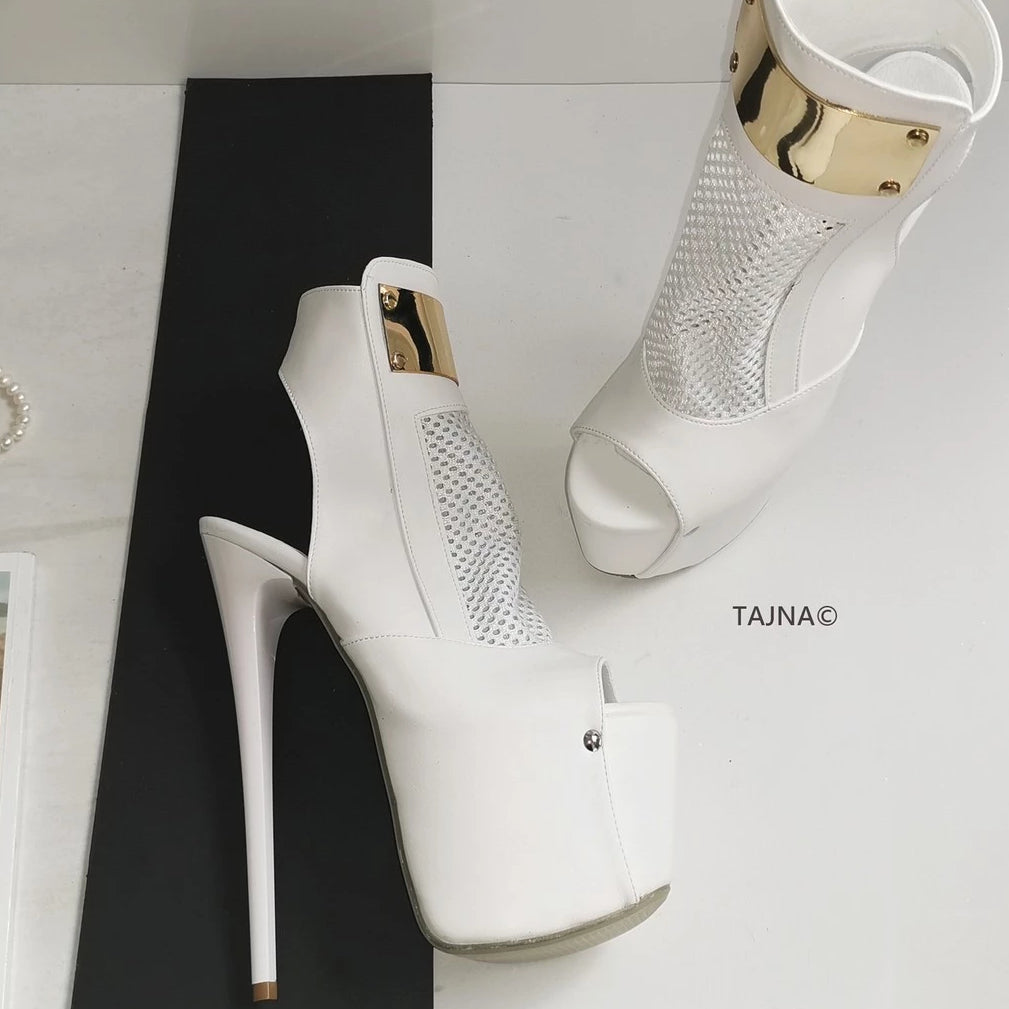 White Fishnet Platform High Heels - Tajna Club