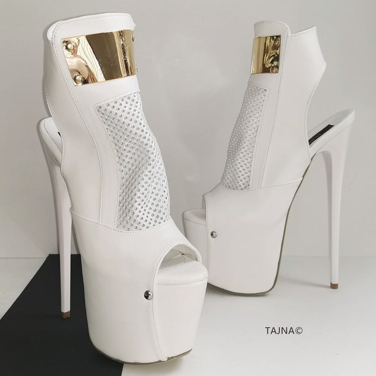 White Fishnet Platform High Heels - Tajna Club