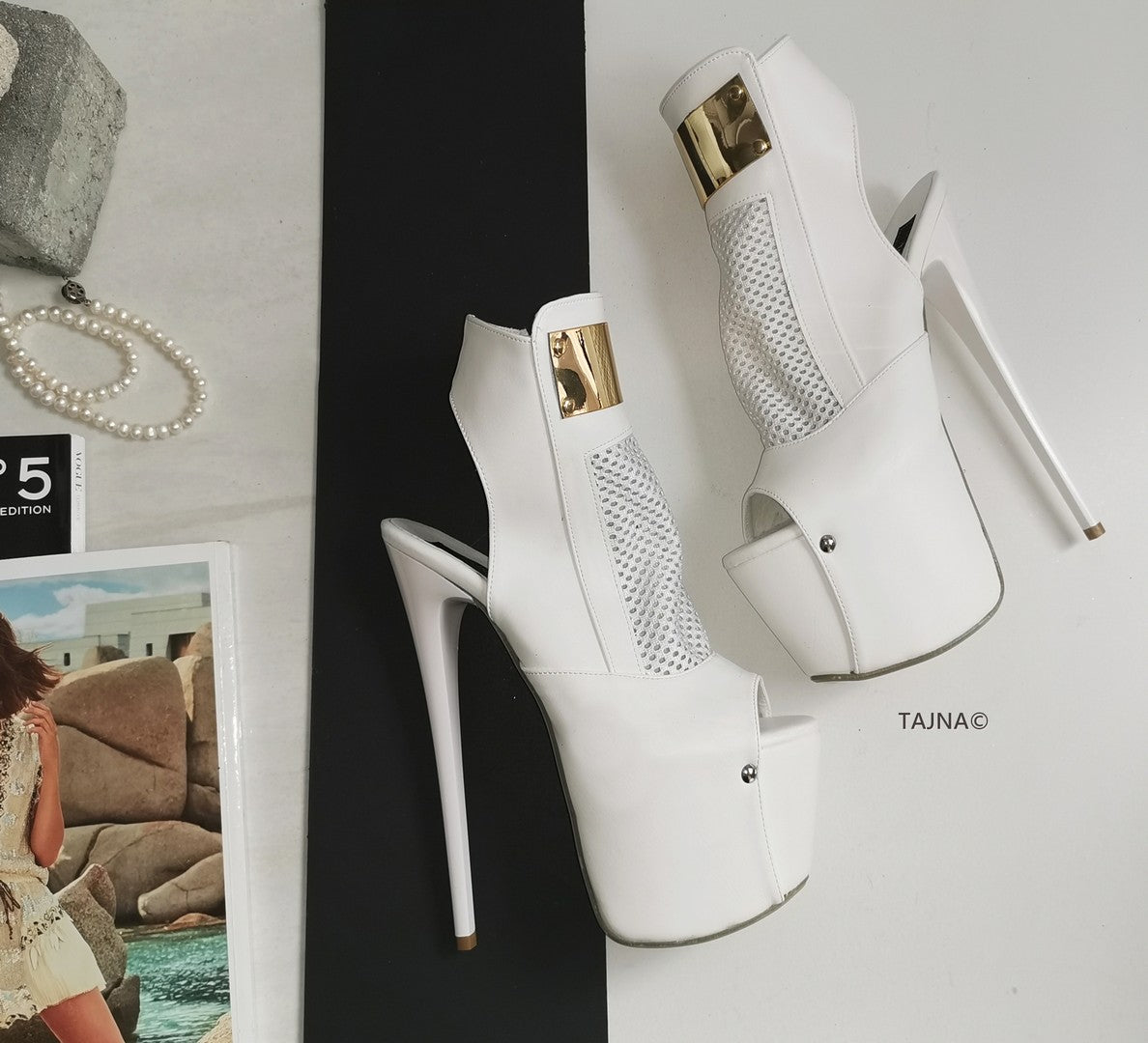 White Fishnet Platform High Heels - Tajna Club
