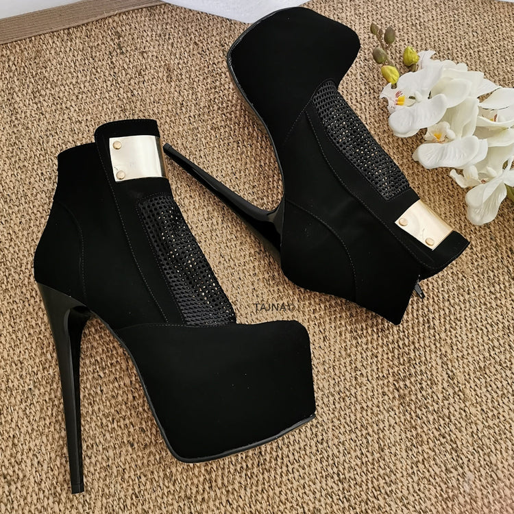 Black Suede Golden Fishnet Booties - Tajna Club