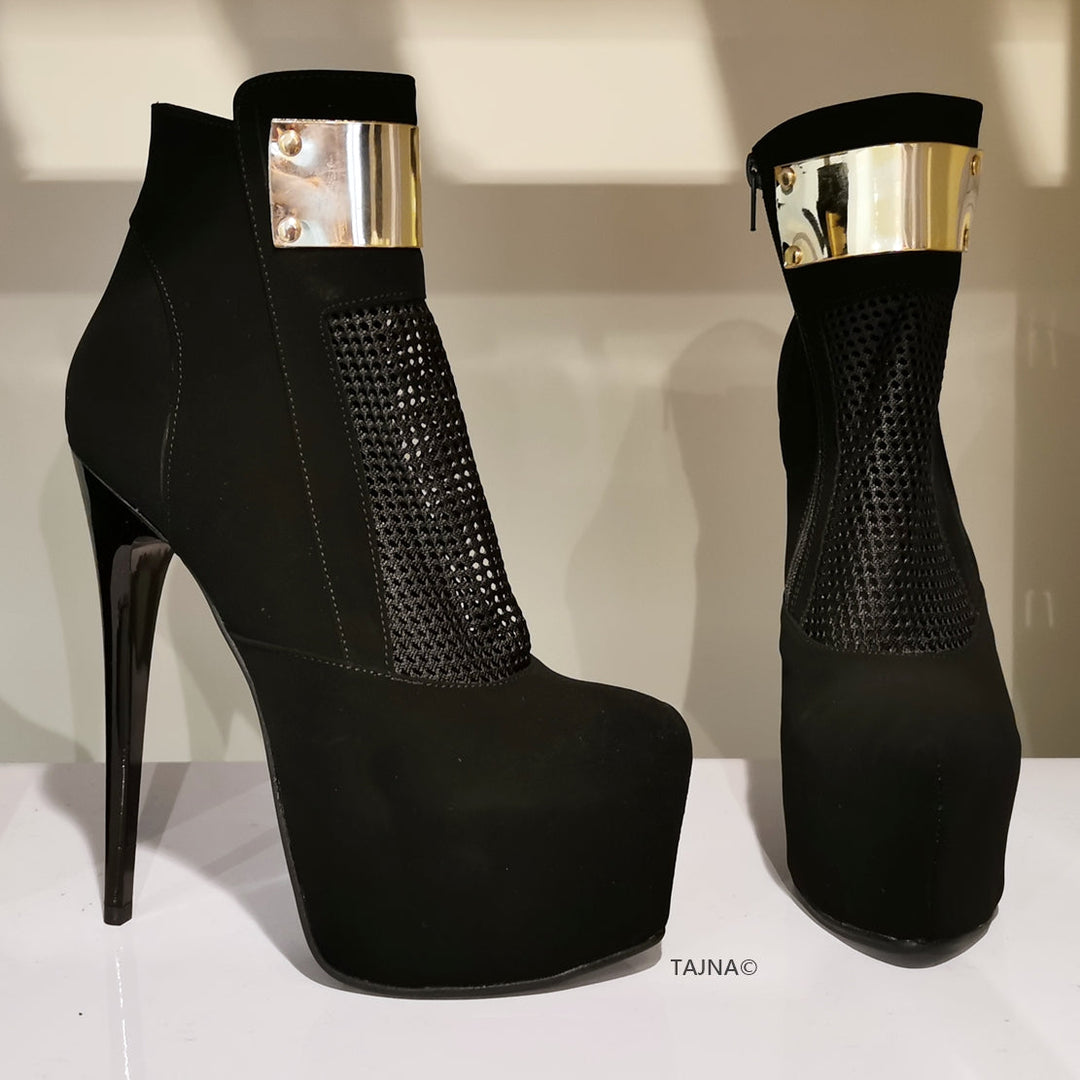 Black Suede Golden Fishnet Booties - Tajna Club