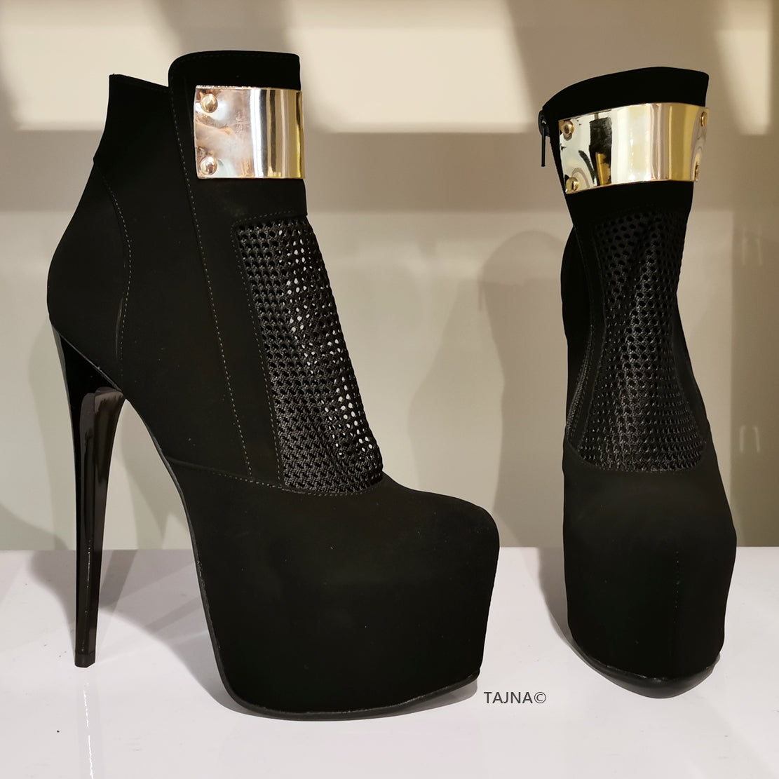 Black Suede Golden Fishnet Booties - Tajna Club