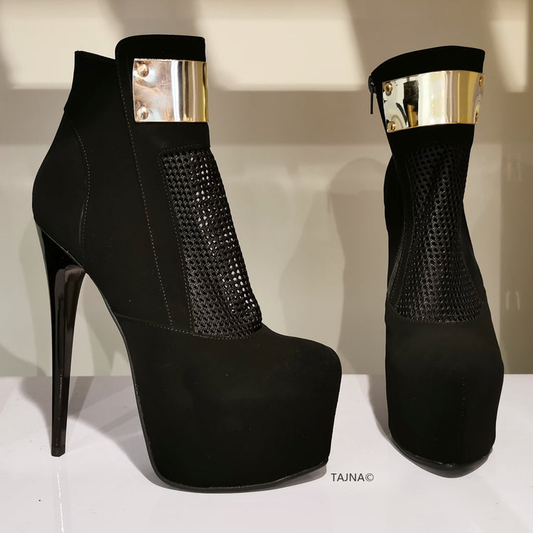 Black Suede Golden Fishnet Booties - Tajna Club