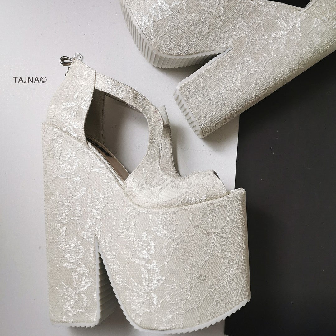 Bridal White Lace Mega Platform Wedges Tajna Shoes Tajna Club
