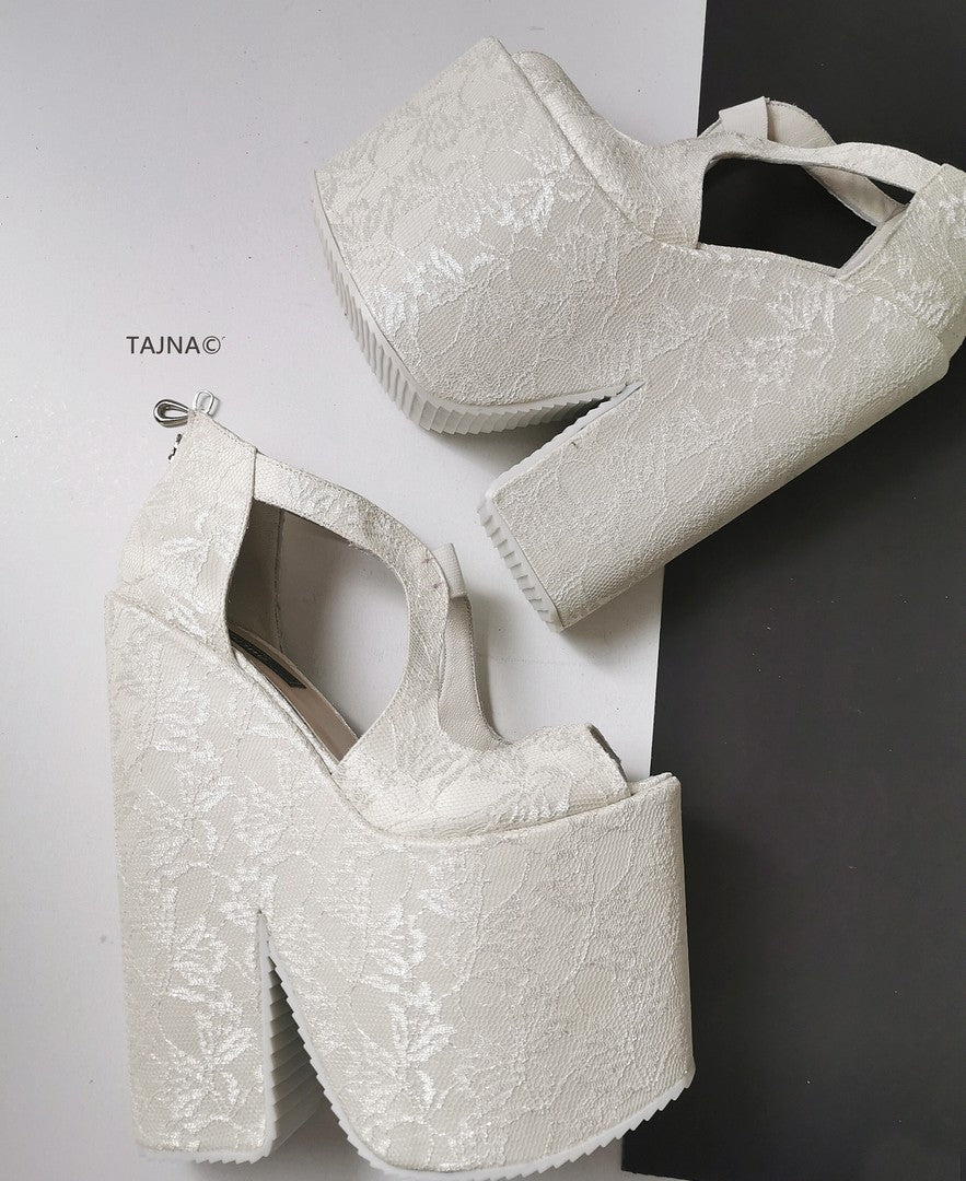 Bridal White Lace Mega Platform Wedges - Tajna Club
