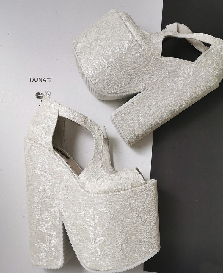 Bridal White Lace Mega Platform Wedges - Tajna Club