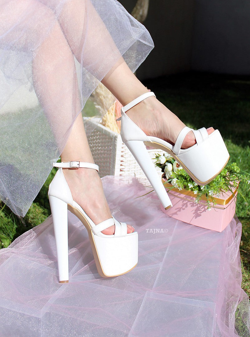 Cross Strap White Patent Wedding Platform Shoes - Tajna Club