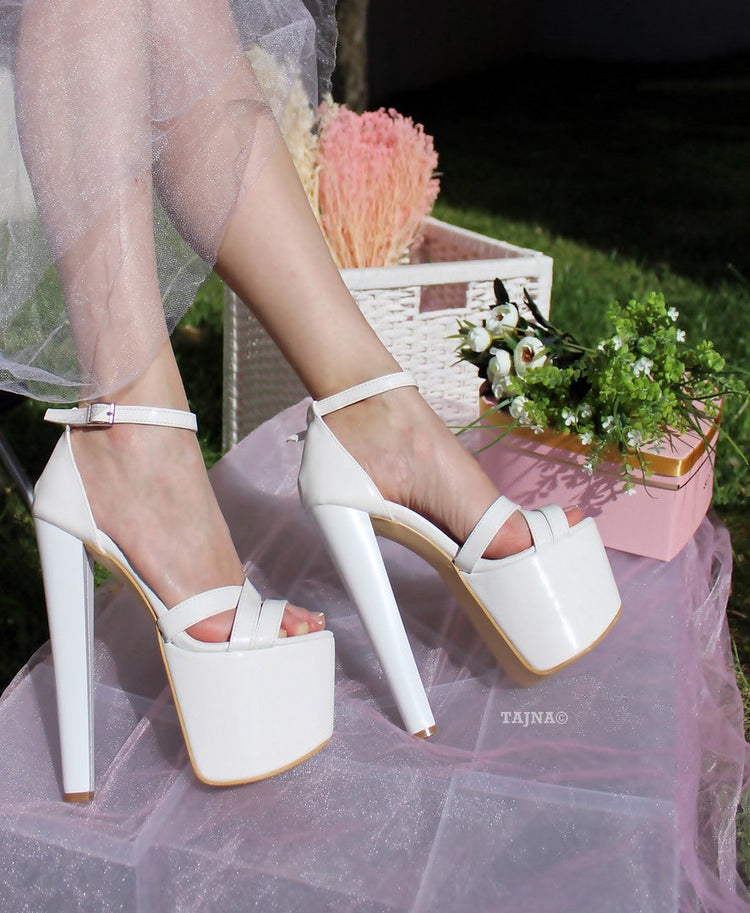 Cross Strap White Patent Wedding Platform Shoes - Tajna Club