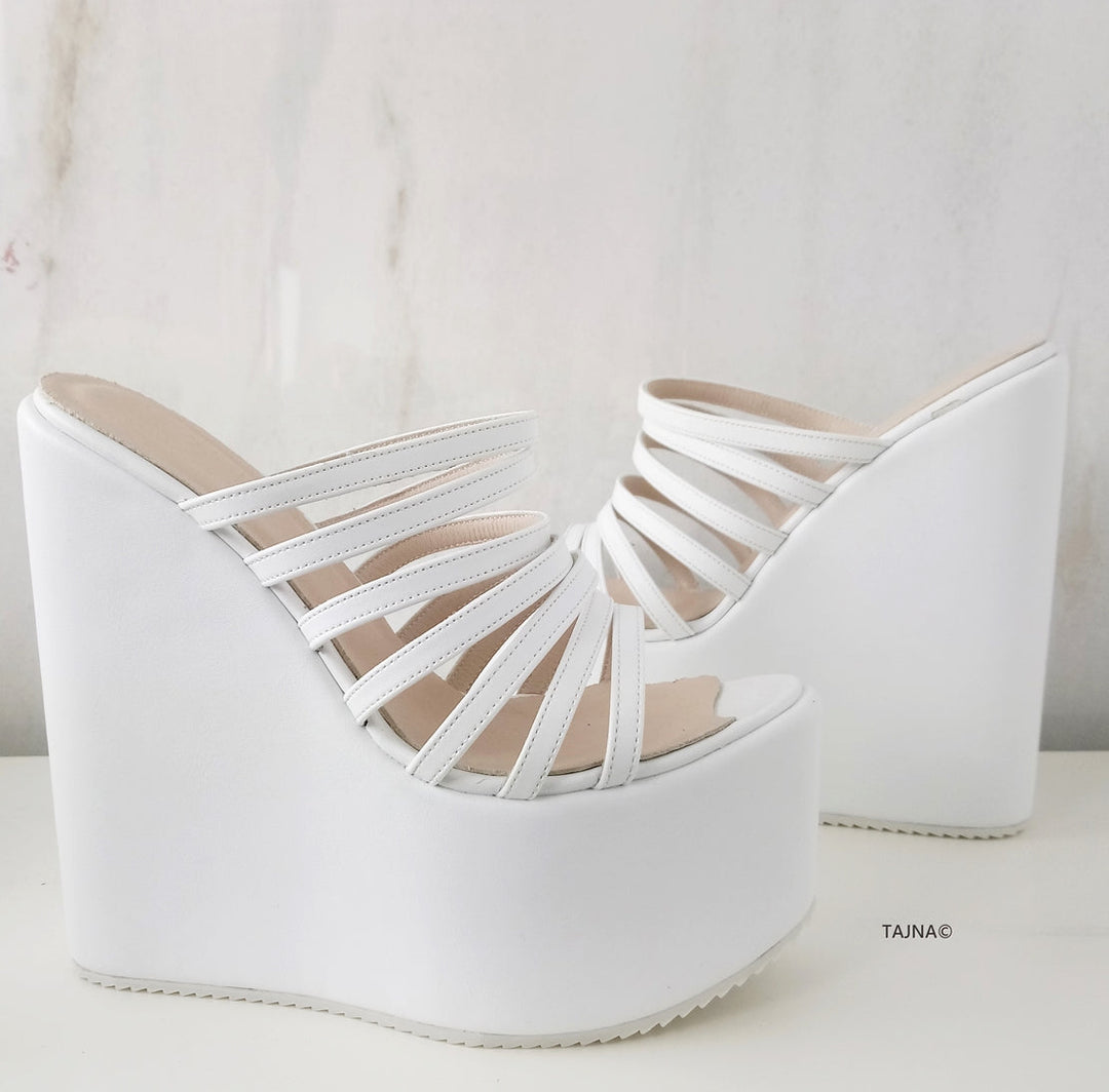 White Multi Thin Strap Wedge Mules - Tajna Club