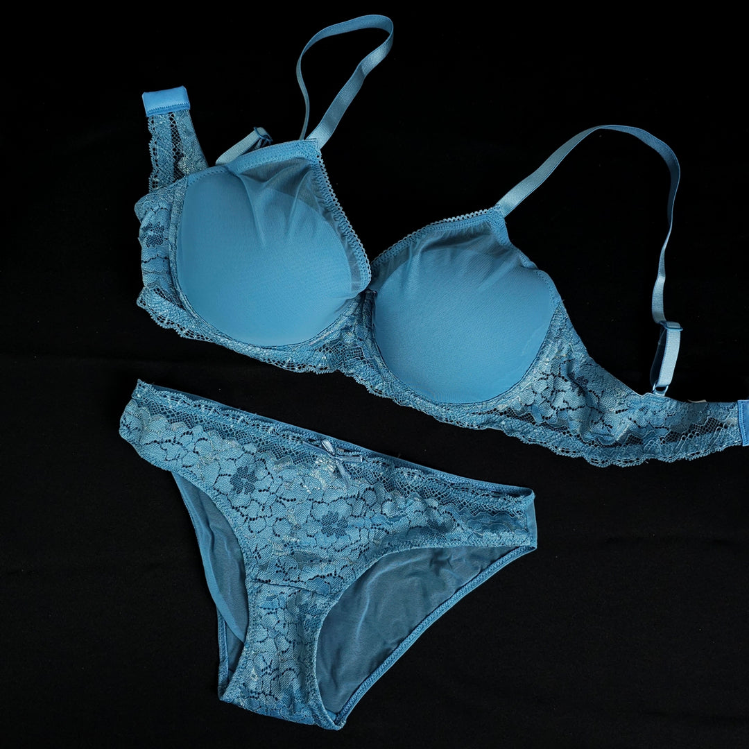 Light Blue Romantic Lace Detail Bra Panty Set