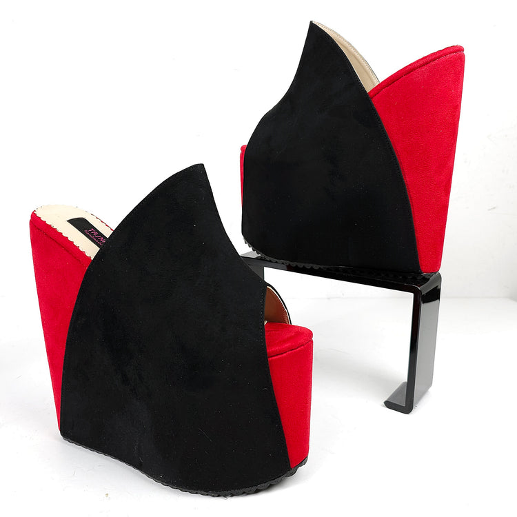 Black Red Suede High Heel Wedge Platform Slide Sandals