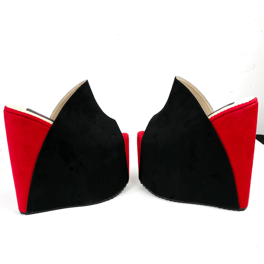 Black Red Suede High Heel Wedge Platform Slide Sandals