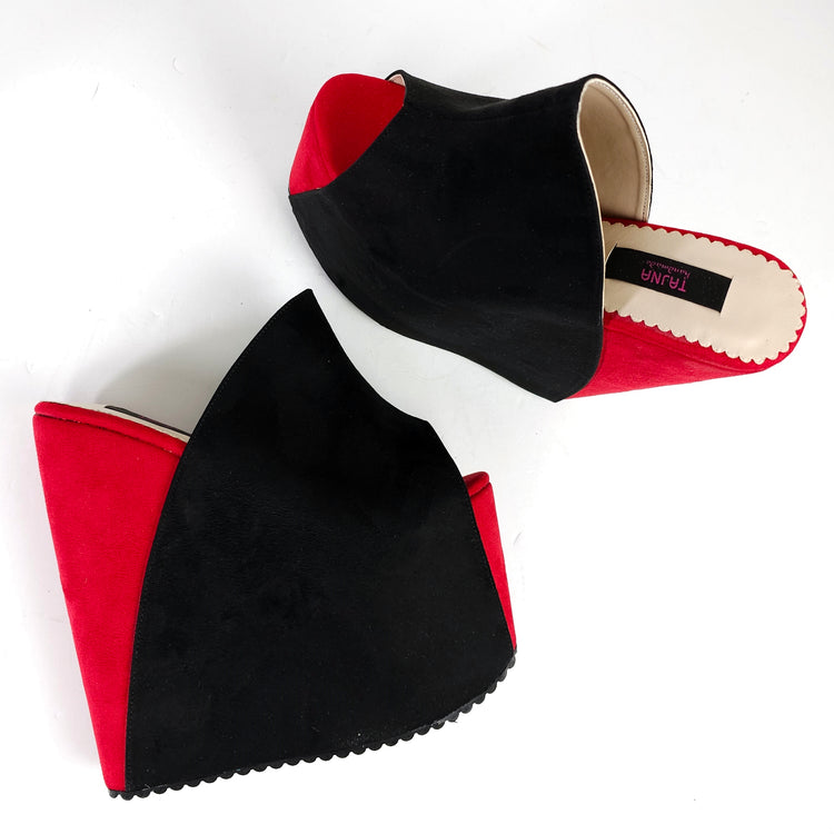 Black Red Suede High Heel Wedge Platform Slide Sandals