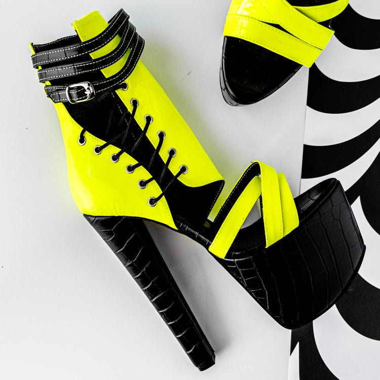 Black Croco Yellow Neon Side Lace High Heels