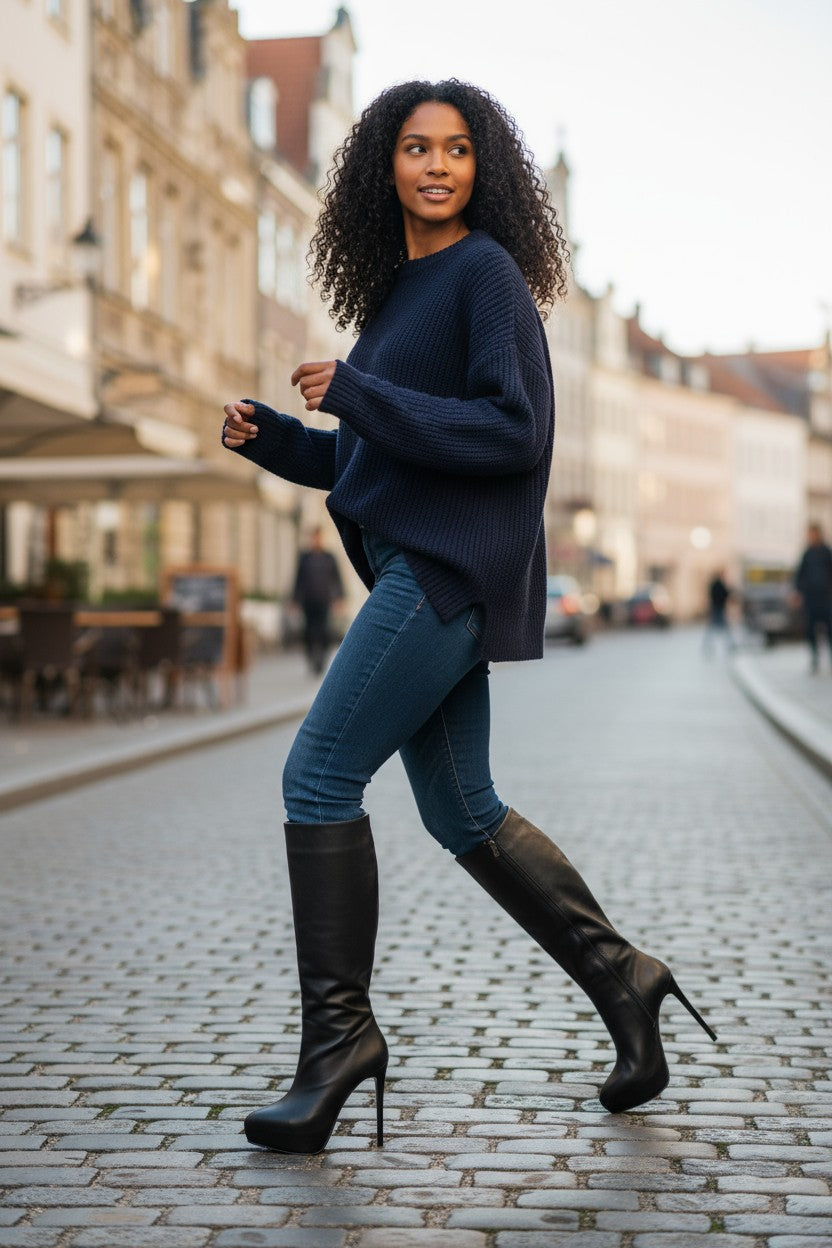 Woman in a navy sweater and blue jeans with black knee-high boots walking on a cobblestone street.