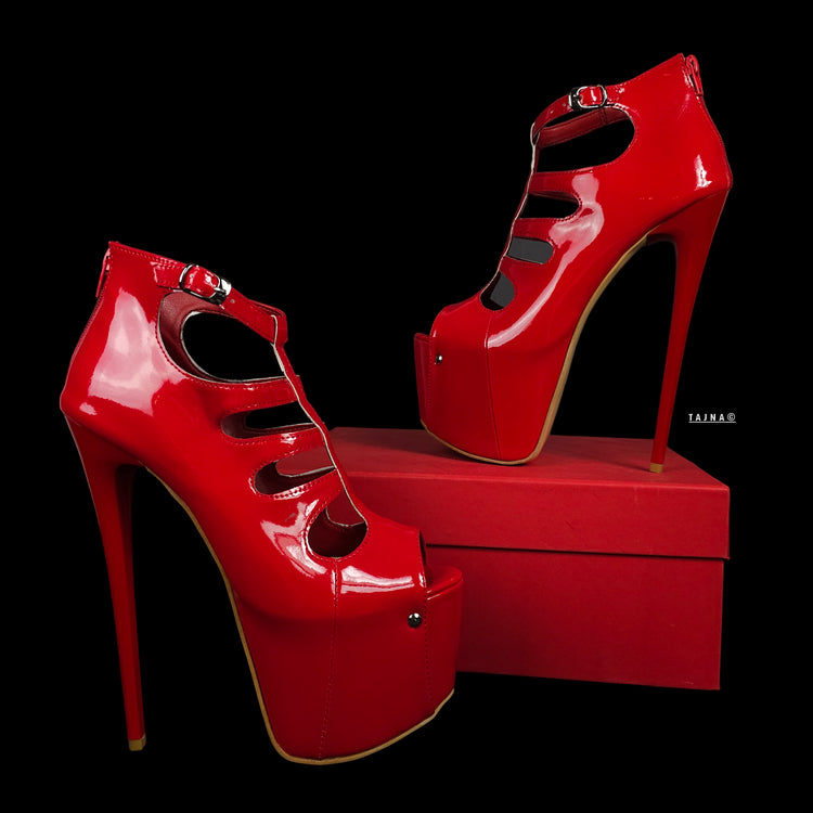 Red Gloss Cage Detail High Heel Platforms