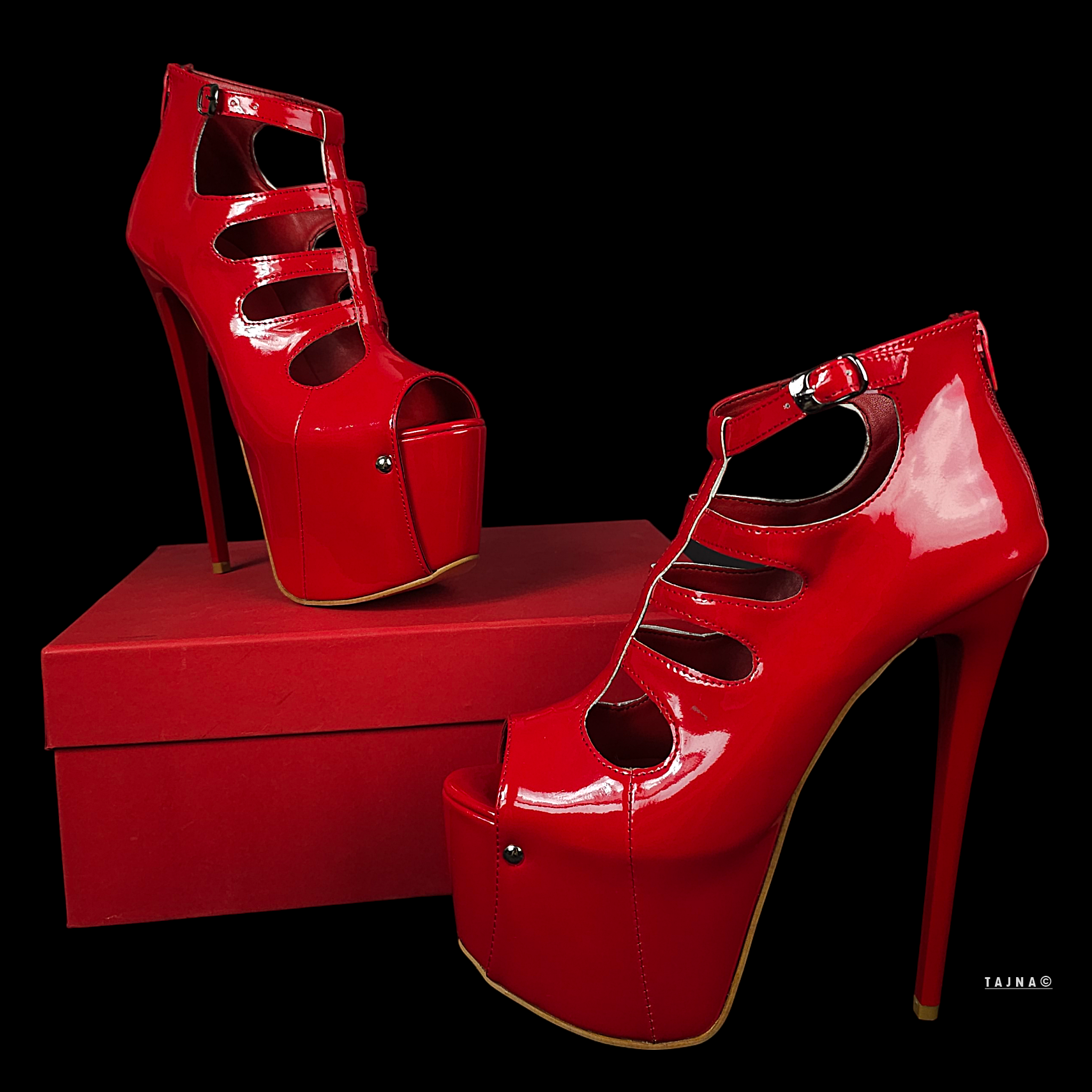 Red Gloss Cage Detail High Heel Platforms