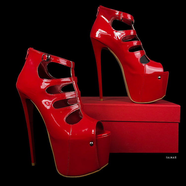 Red Gloss Cage Detail High Heel Platforms