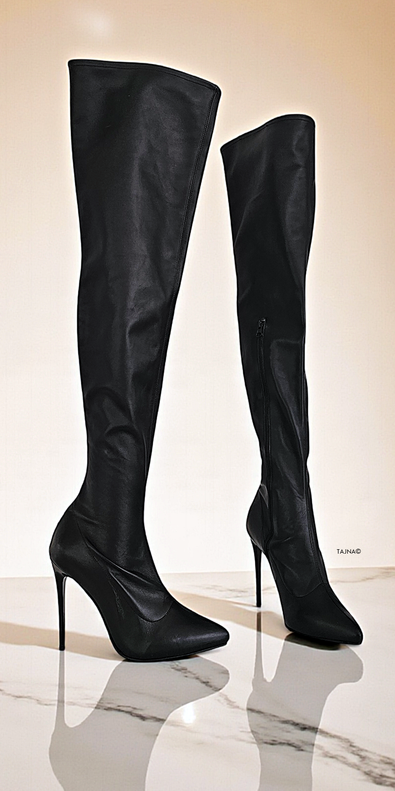 The Tajna Noir Thigh-High Pointy Toe Boots
