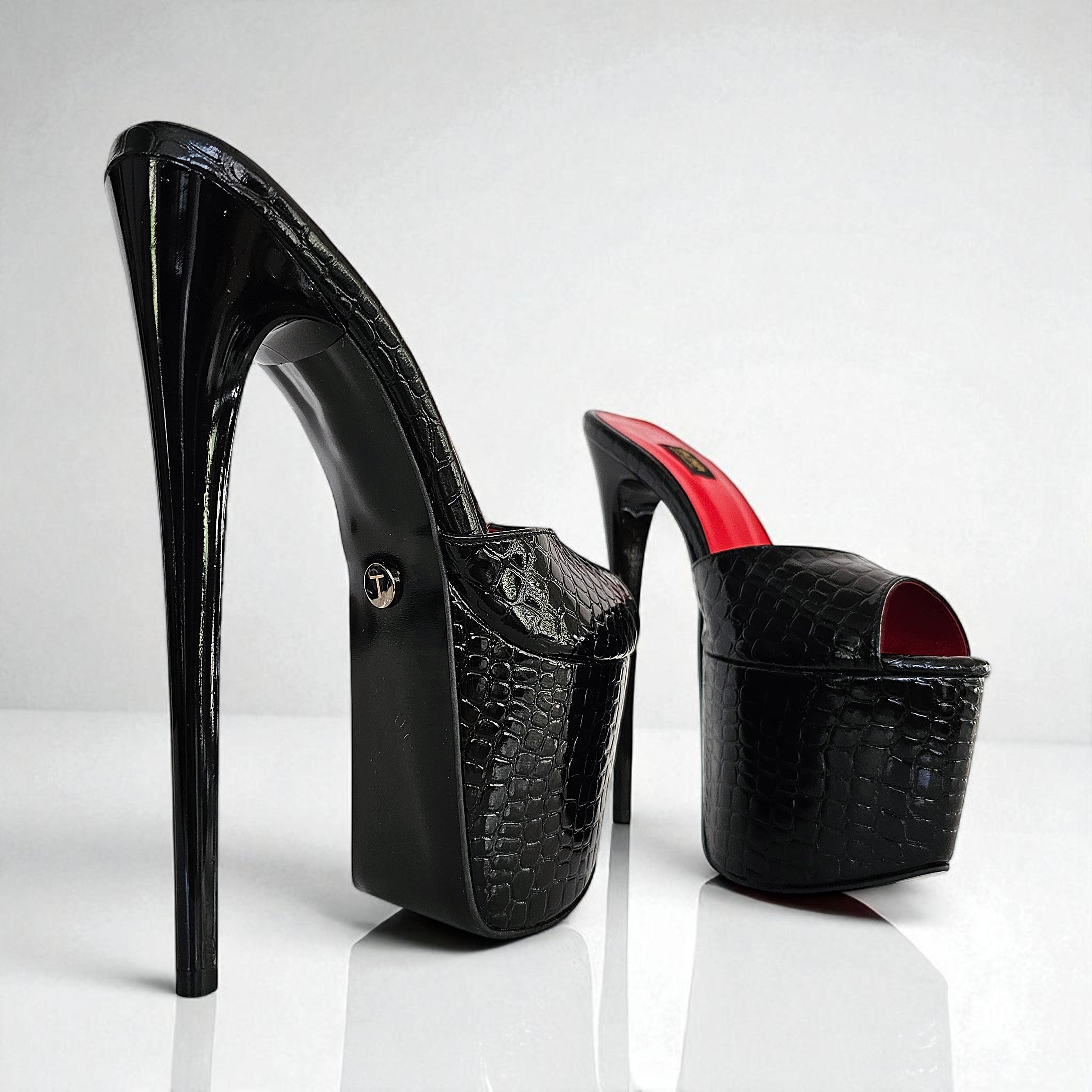 Black high-heeled shoes with red interior on a white background