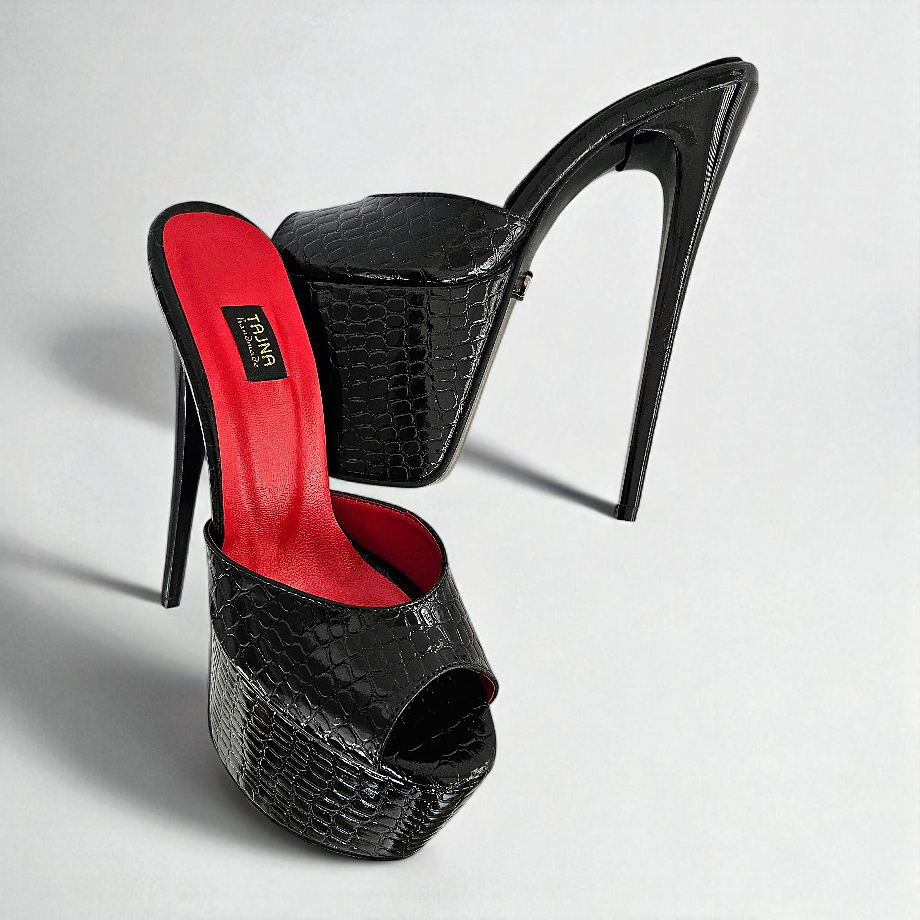 Black high-heeled shoes with red interior on a light gray background