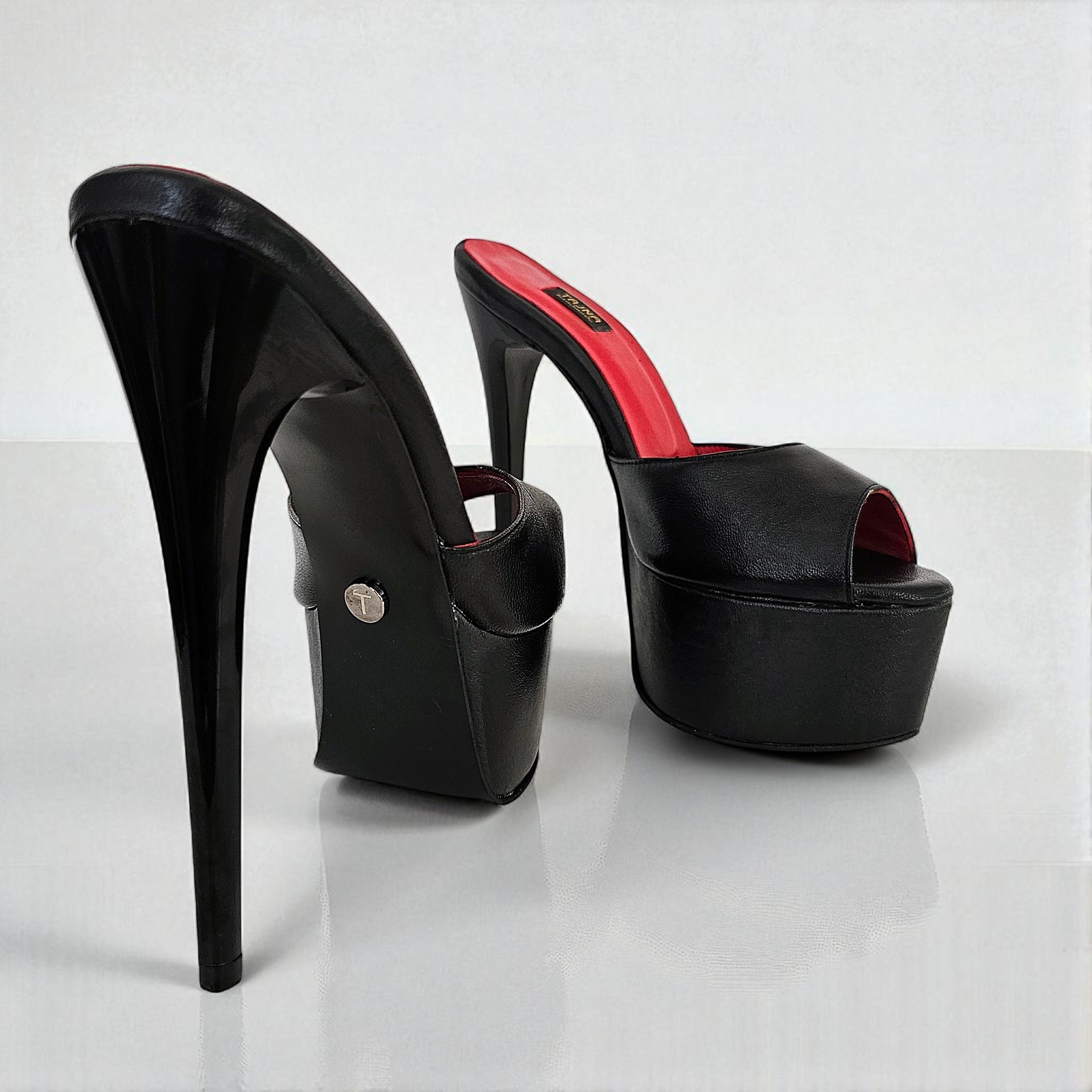 Black high-heeled shoes with a red interior on a white background