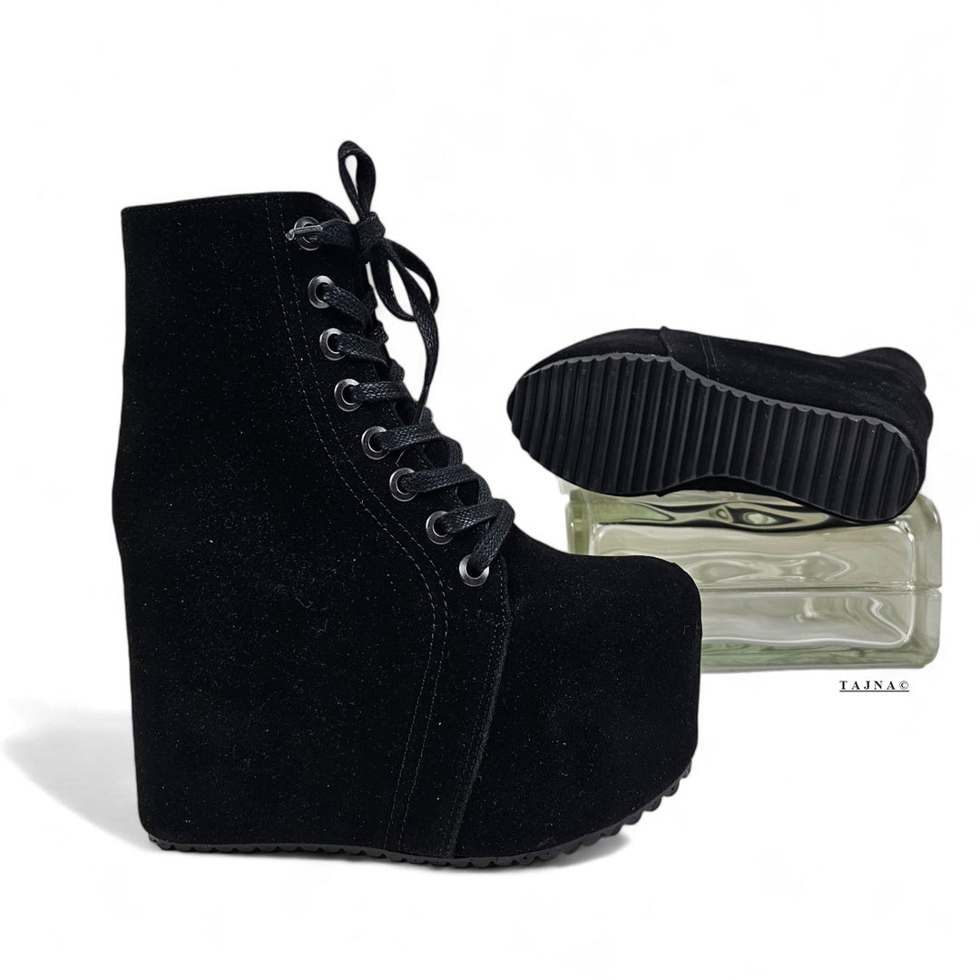 Black Hidden Platform Wedge Lace Up Booties 