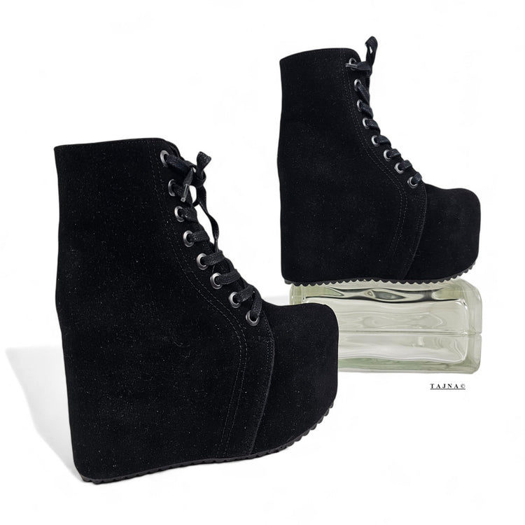 Black Hidden Platform Wedge Lace Up Booties 