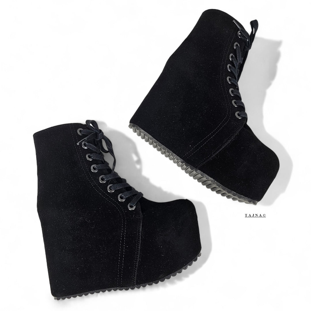 Black Hidden Platform Wedge Lace Up Booties 