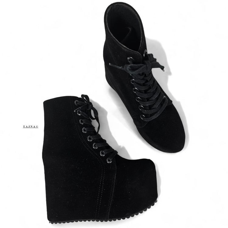 Black Hidden Platform Wedge Lace Up Booties 