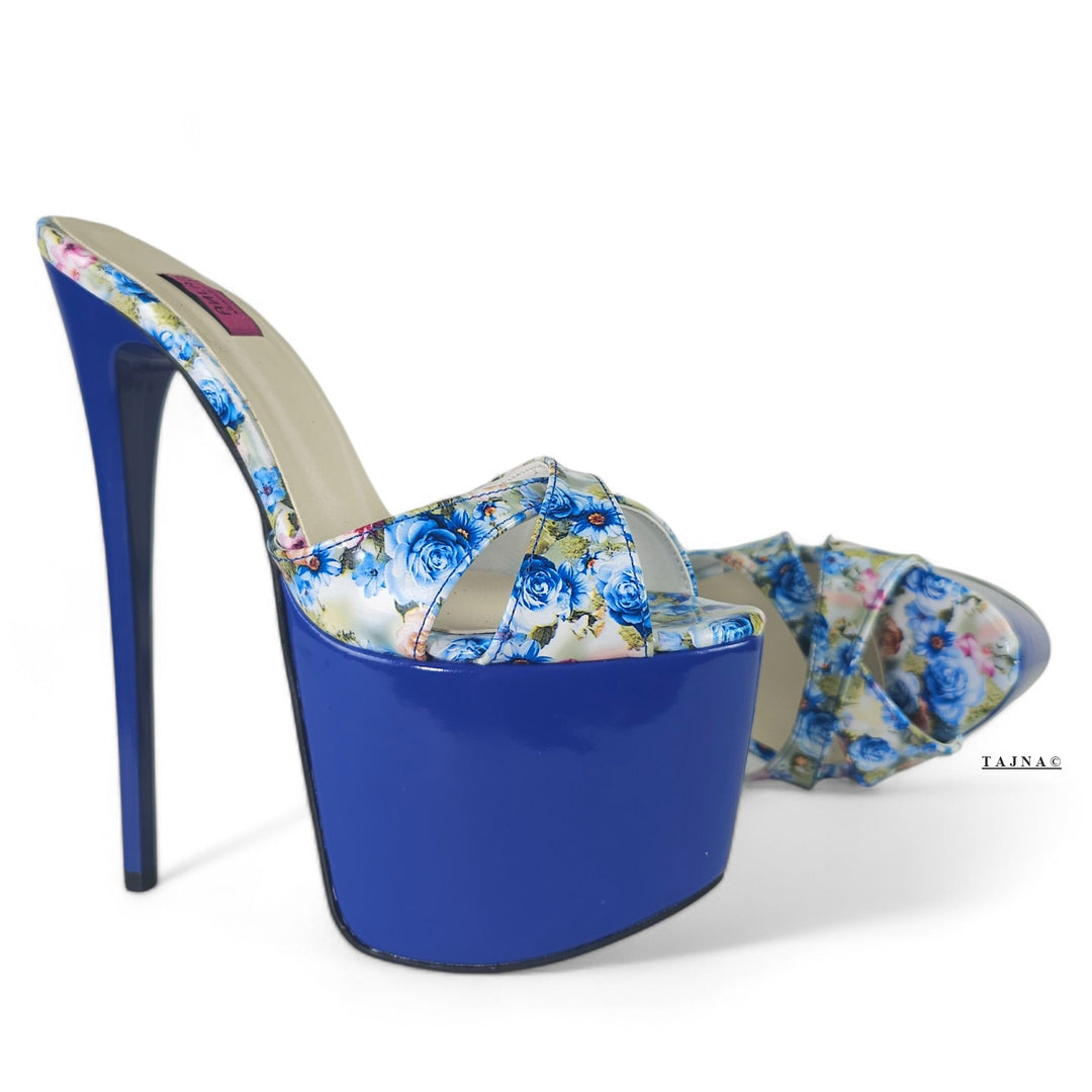 Royal Blue Gloss Floral Print High Heel Platform Mules