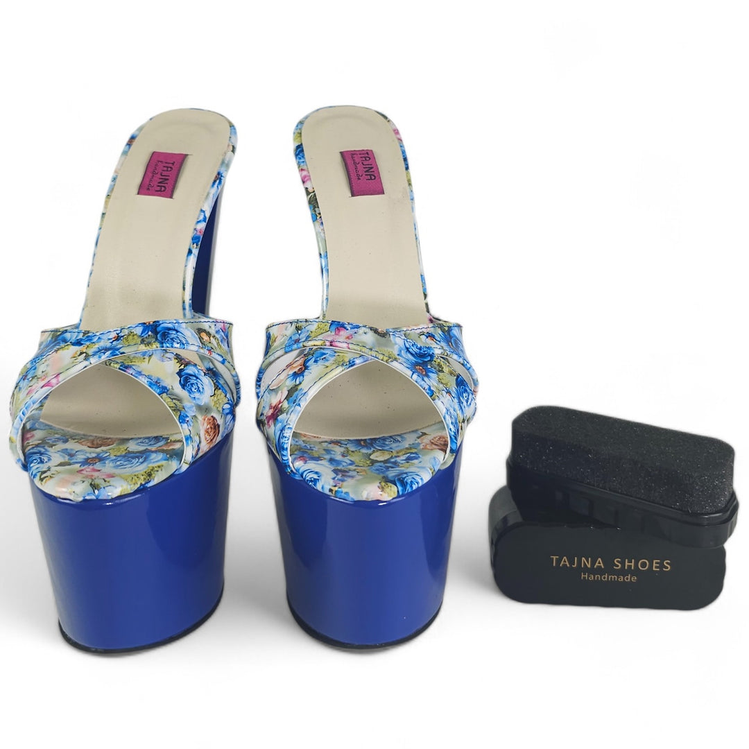 Royal Blue Gloss Floral Print High Heel Platform Mules