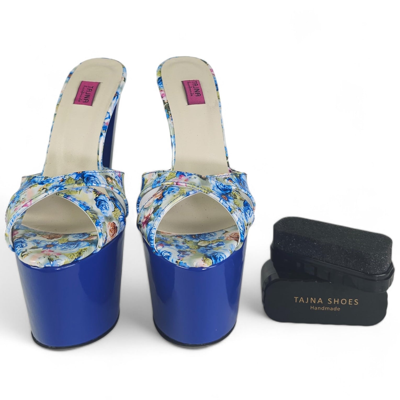 Royal Blue Gloss Floral Print High Heel Platform Mules