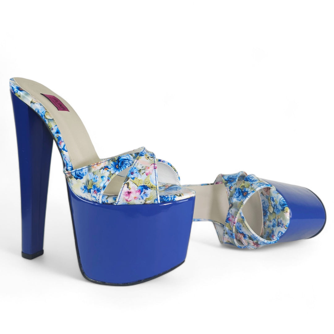 Royal Blue Gloss Floral Print High Heel Platform Mules