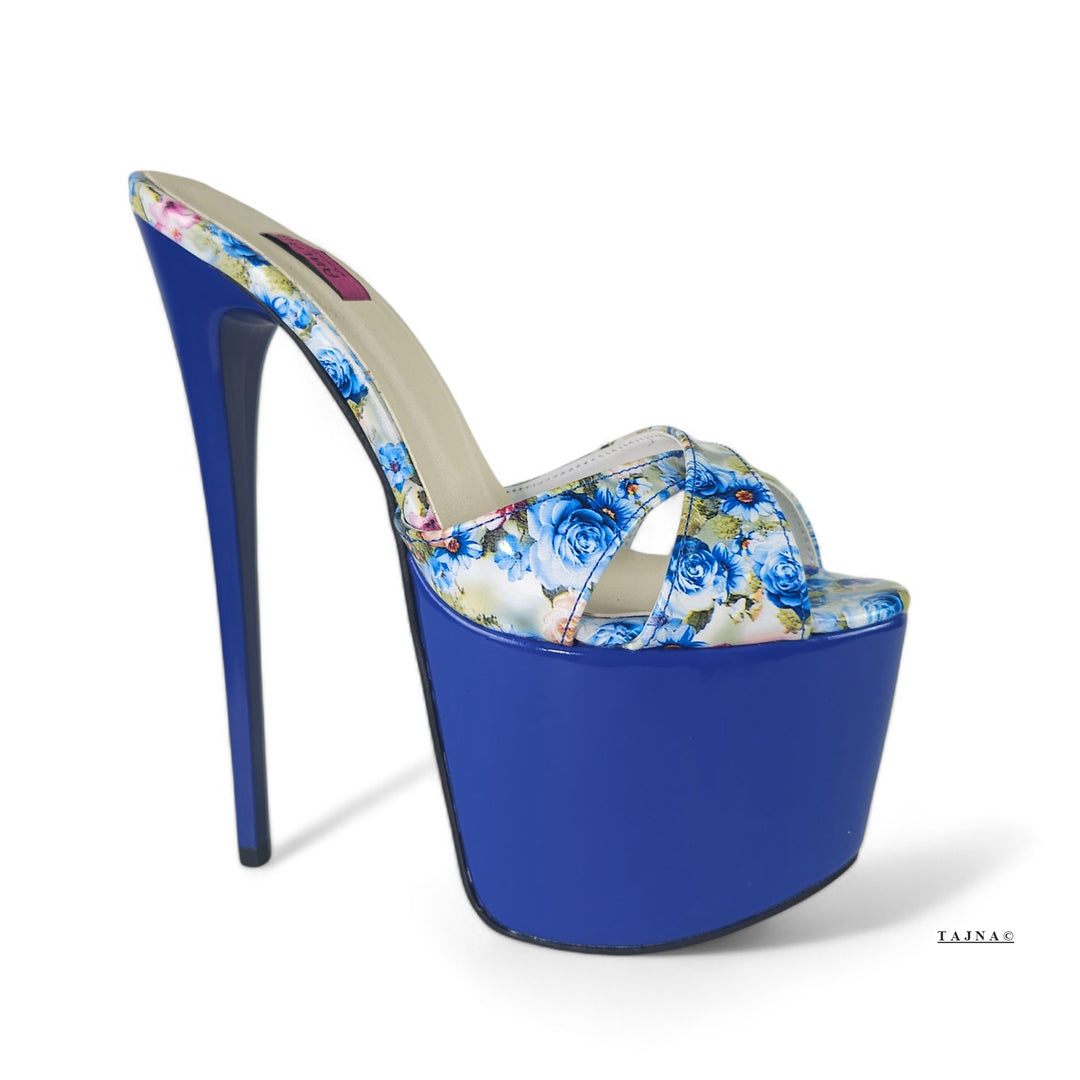 Royal Blue Gloss Floral Print High Heel Platform Mules