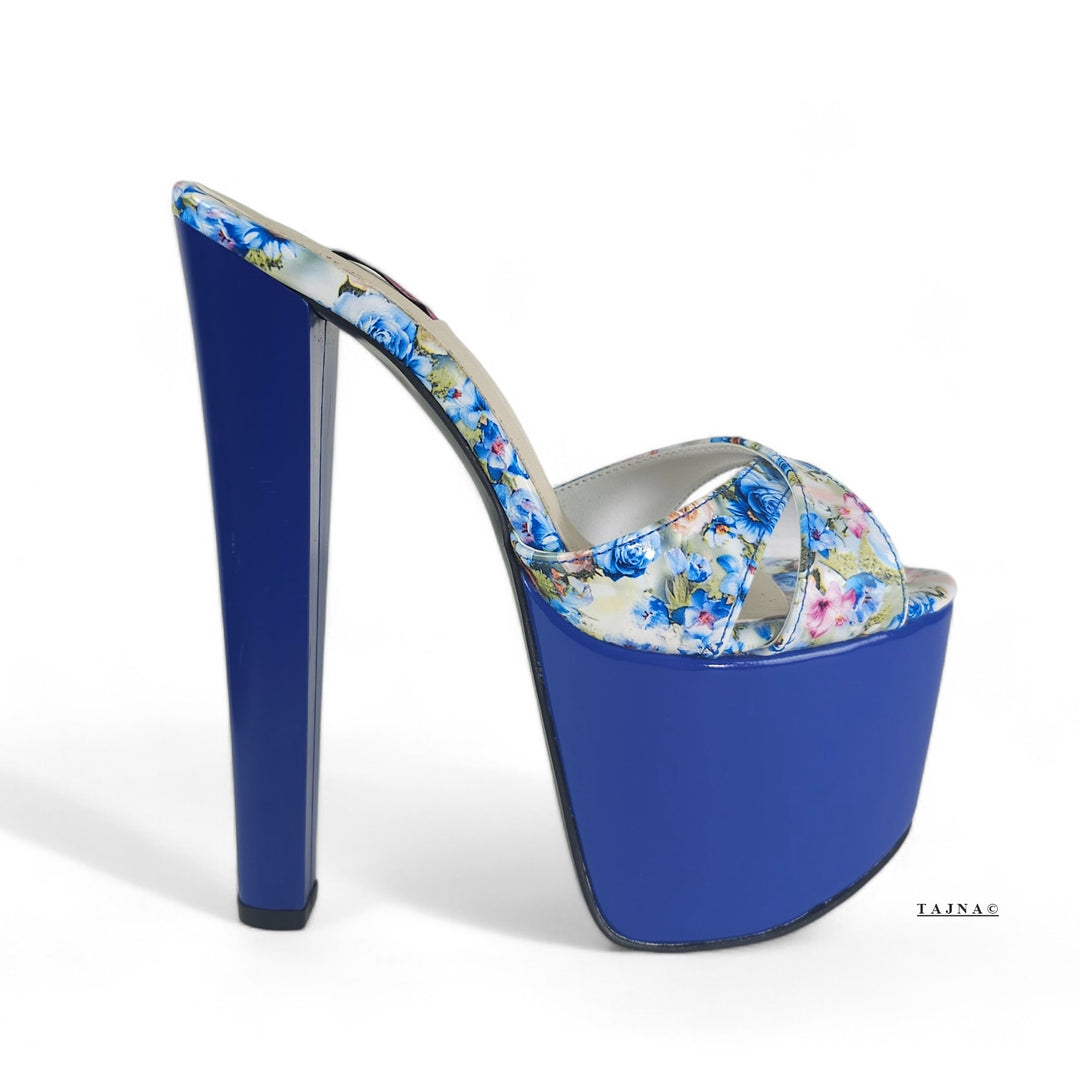 Royal Blue Gloss Floral Print High Heel Platform Mules