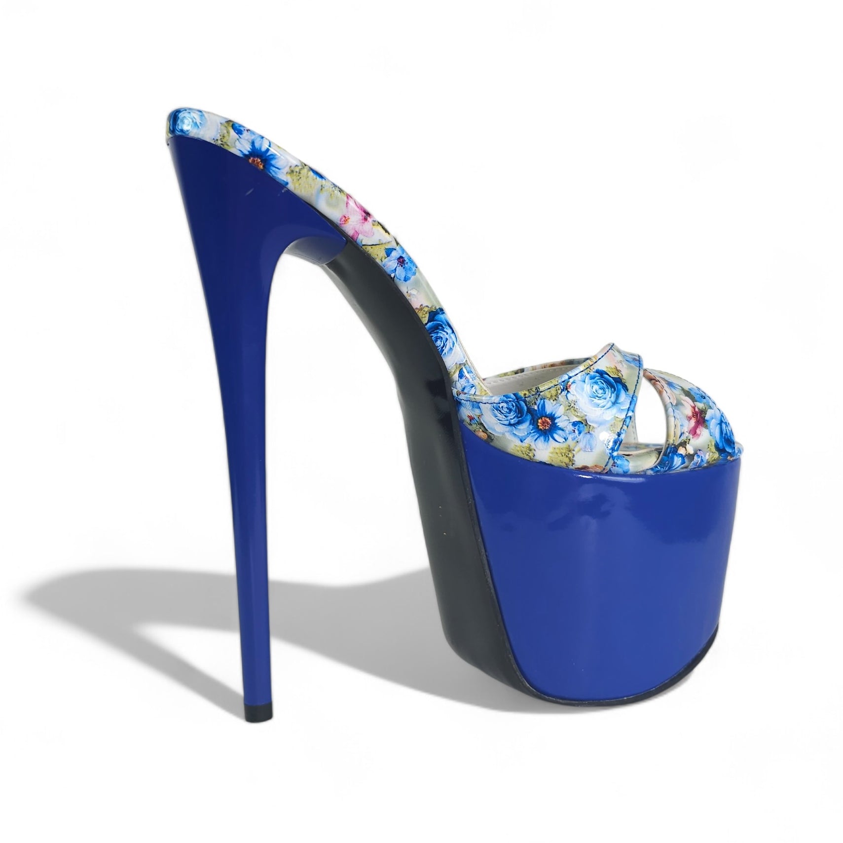 Royal Blue Gloss Floral Print High Heel Platform Mules