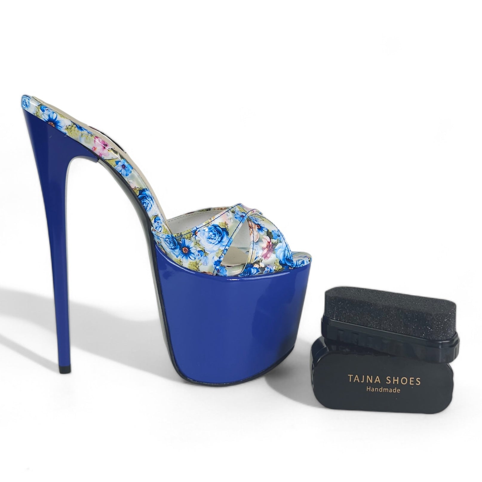 Royal Blue Gloss Floral Print High Heel Platform Mules